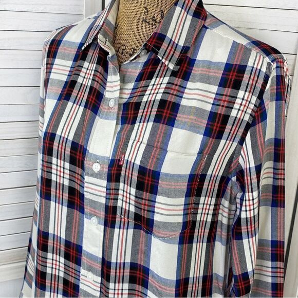 Levi’s Tartan Plaid Boyfriend Fit Button Front Shirt White Red XS - Picture 8 of 15